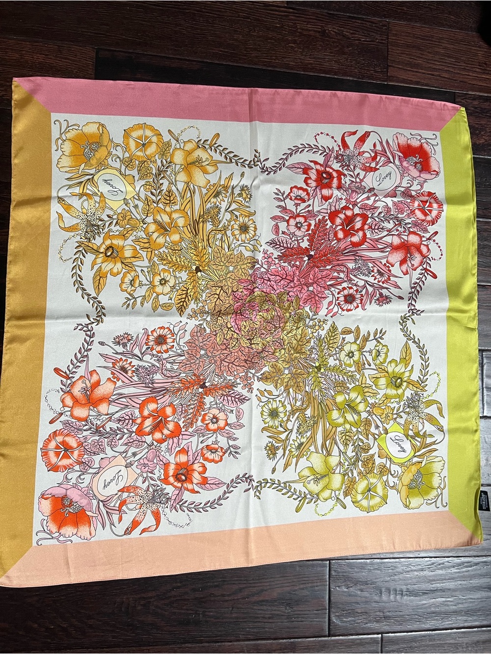 Floral Silk-Blend Square Scarf in Pink, Yellow & Green